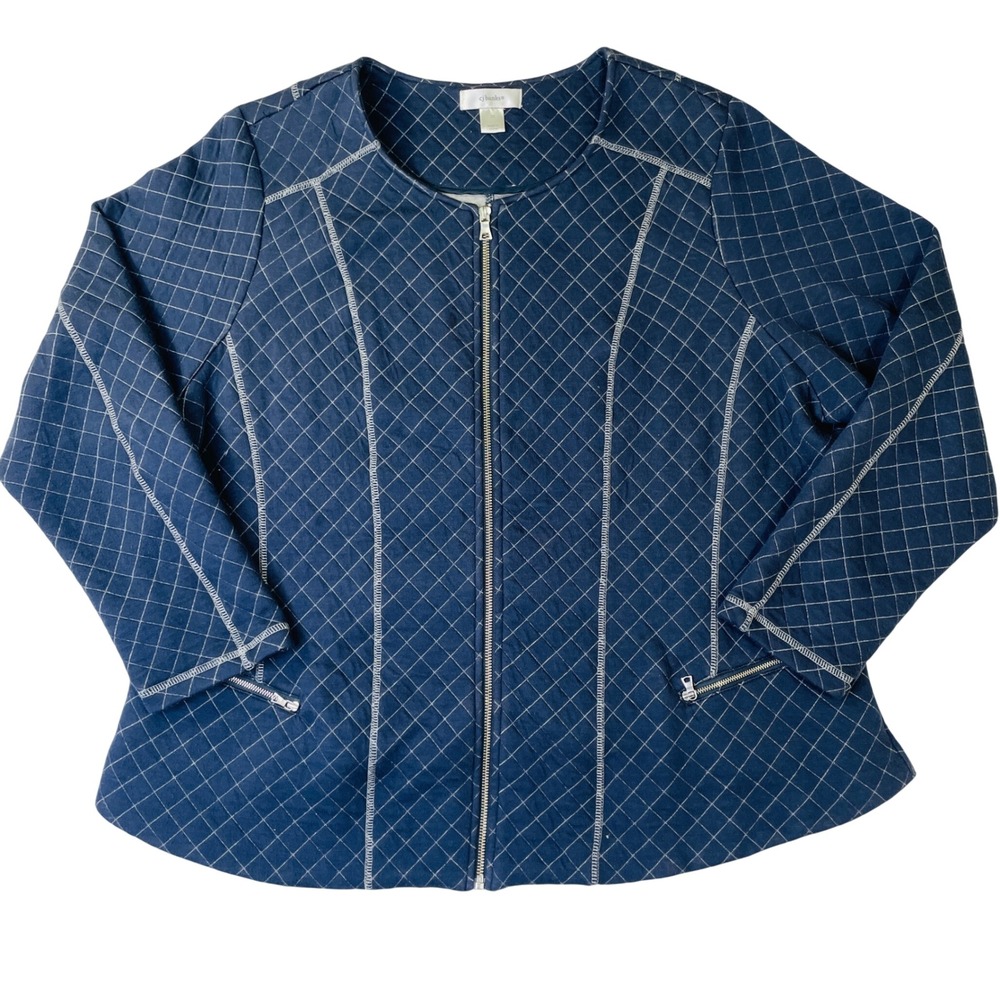 CJ Banks Womens 2X Navy Blue Quilted Zip Up Jacket Diamond Stitch Lightweight